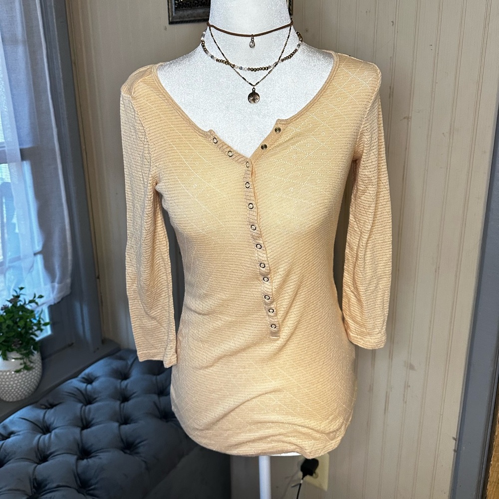 Intimately Free People Beige Peach Henley 3/4 Sleeve Knit Top Small